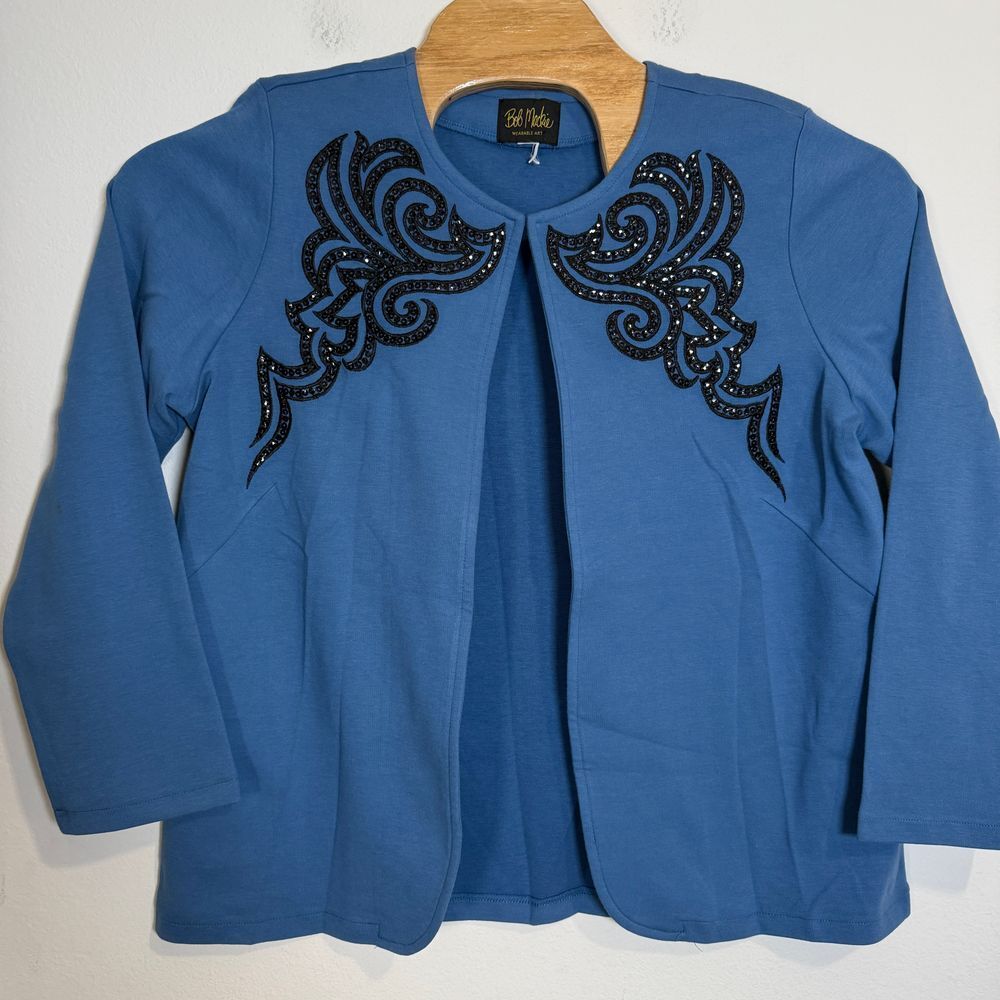 Bob Mackie Wearable Art Embellished Sequin Jacket‎ Open Front Blue Size L?